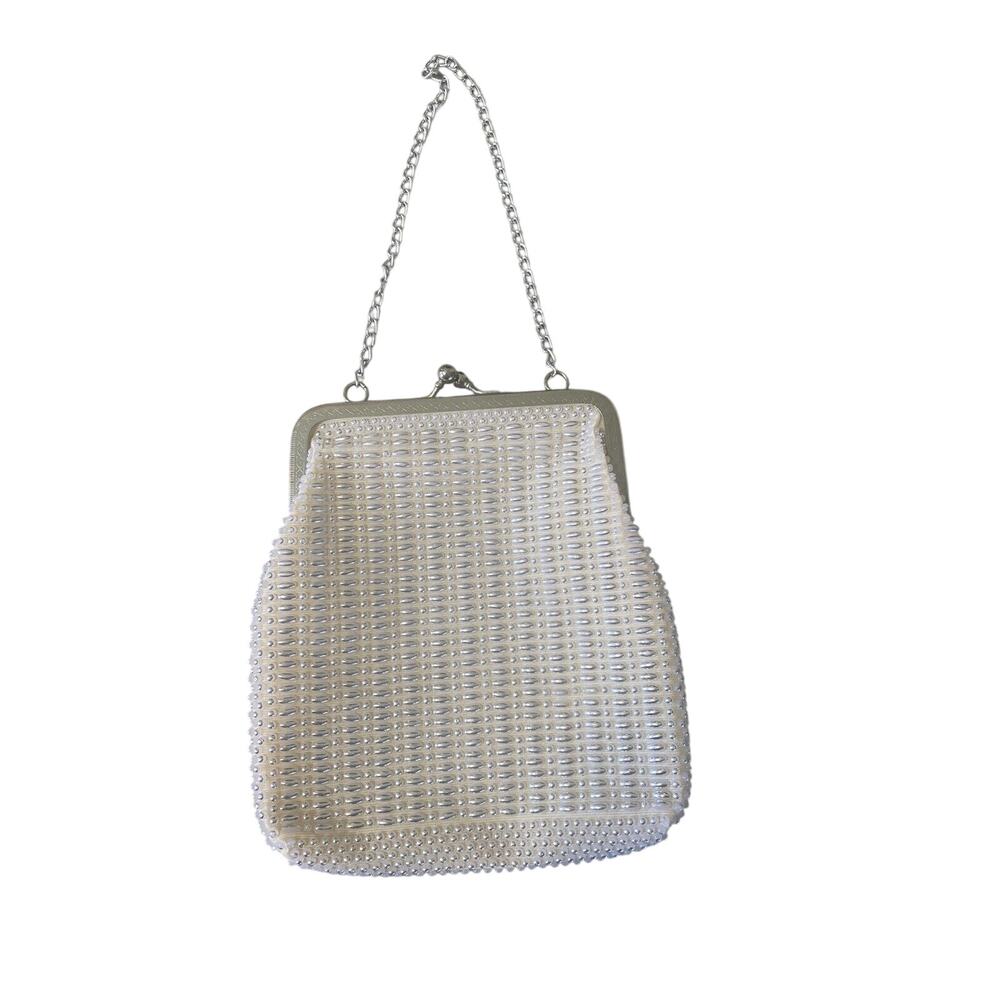 Women’s Vintage Cream Ivory Beaded Purse Clutch Evening Bag Made In Hong Kong